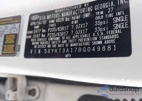 2011 Kia Sorento Lx z USA, uszkodzony, nr VIN 5XYKT3A17BG049881